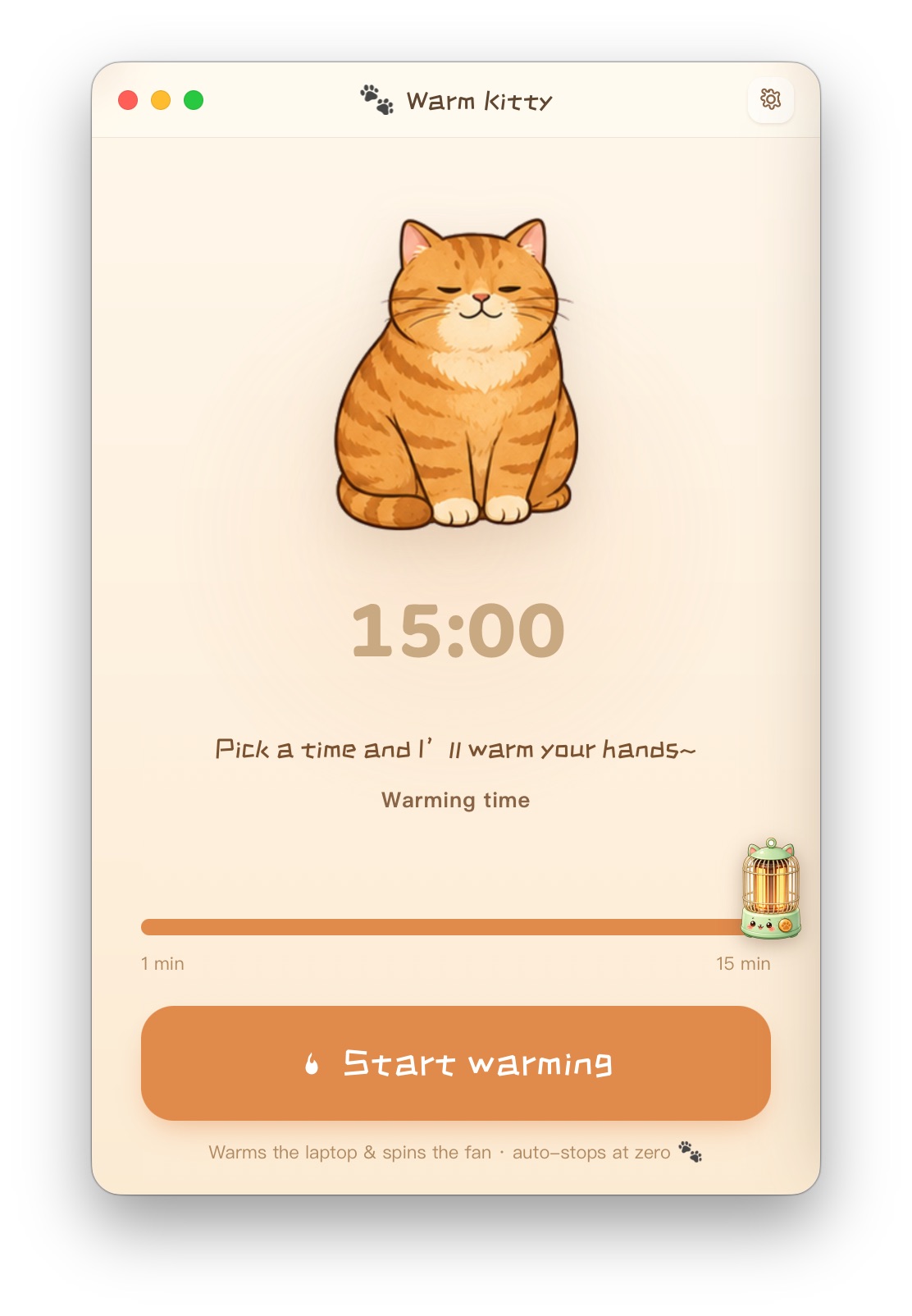 The Warm Kitty app window: a 15-minute warming timer above a big Start warming button, with the ginger cat sitting on top.